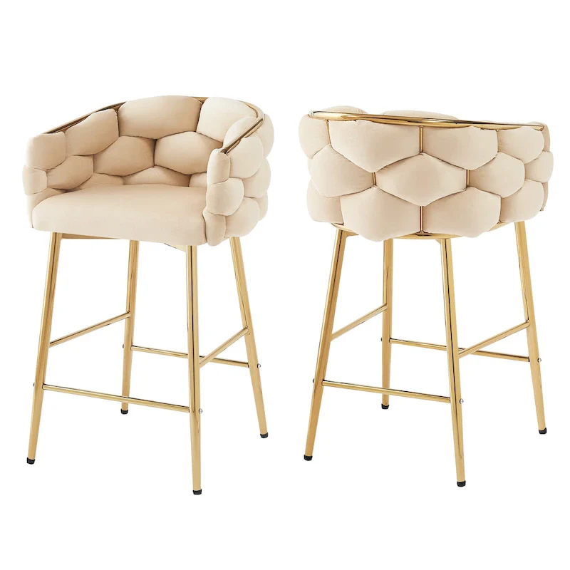 Set of 2 Bar Stools with Velvet Padded Seat and Metal Legs