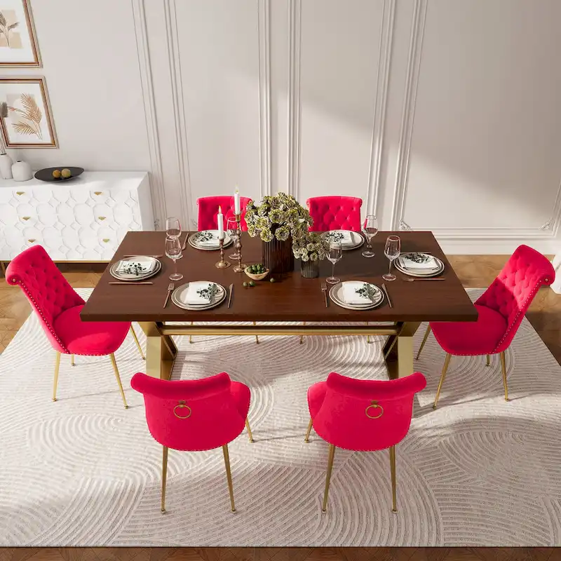 7-Piece Clihome Walut Wood Dining Table with Velvet Chair Dining Chair