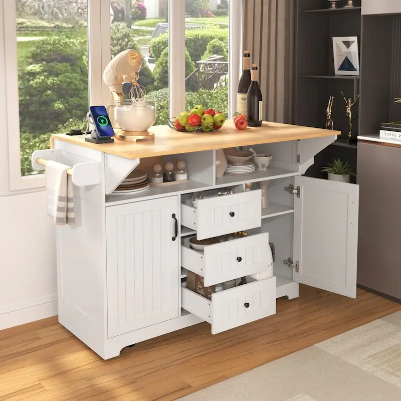 55.7Kitchen Island,2 Drop Leaf,Rolling Kitchen Cart on 5 Wheels,Power Outlet,Folding Dining Table,Spice & Towel Rack,3 Drawers