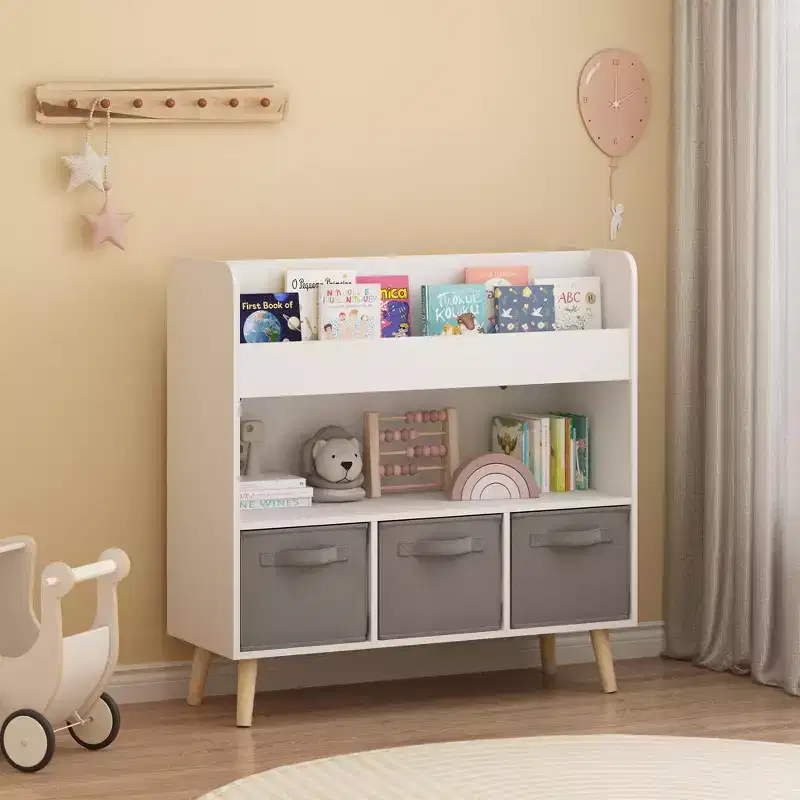 White Front-Facing Kids Bookshelf with 3 Gray Fabric Bins, Ages 3+