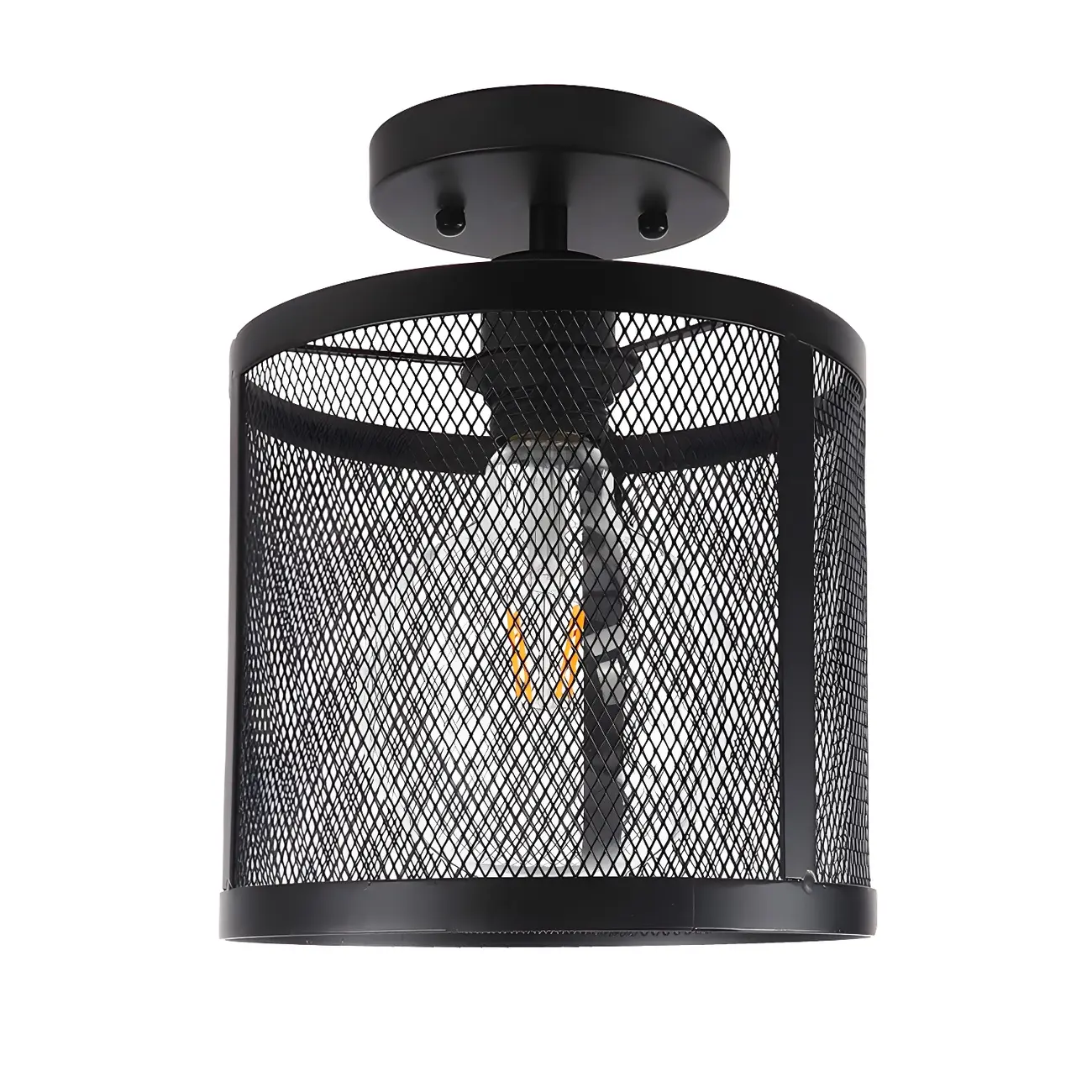 Industrial Black Iron Mesh Cylinder Semi Flush Ceiling Light