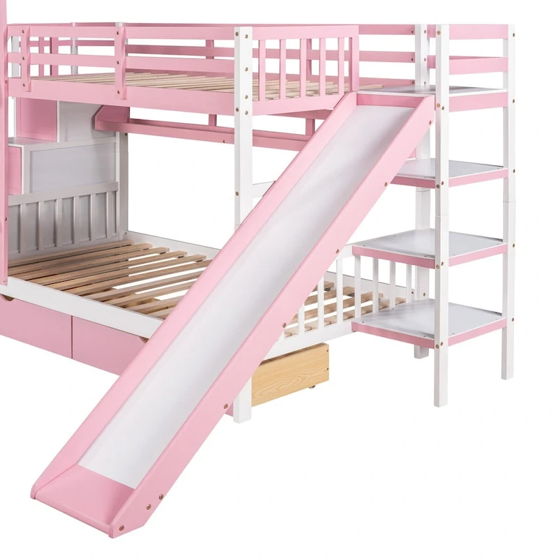 Twin-Over-Twin Castle Style Bunk Bed with Drawers,Shelves,Slide