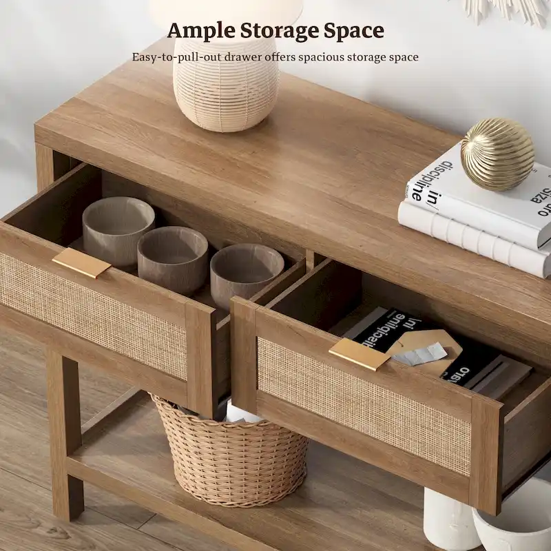 SICOTAS Rattan Console Table with 2 Drawers and Shelves - 30 x 39.4 x 13.8