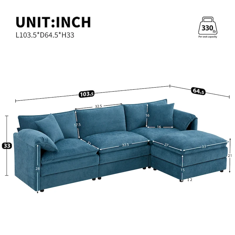 103.5 Chenille Sectional Sofa with 4-Seat L-Shaped Cloud Couch and Ottoman & Pocket Spring Cushions (330lb Capacity)