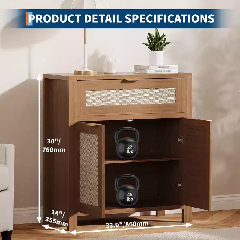 Dark Brown / Light Brown Wood Rattan Sideboard with Drawers & Shelves, 2–3 Pack