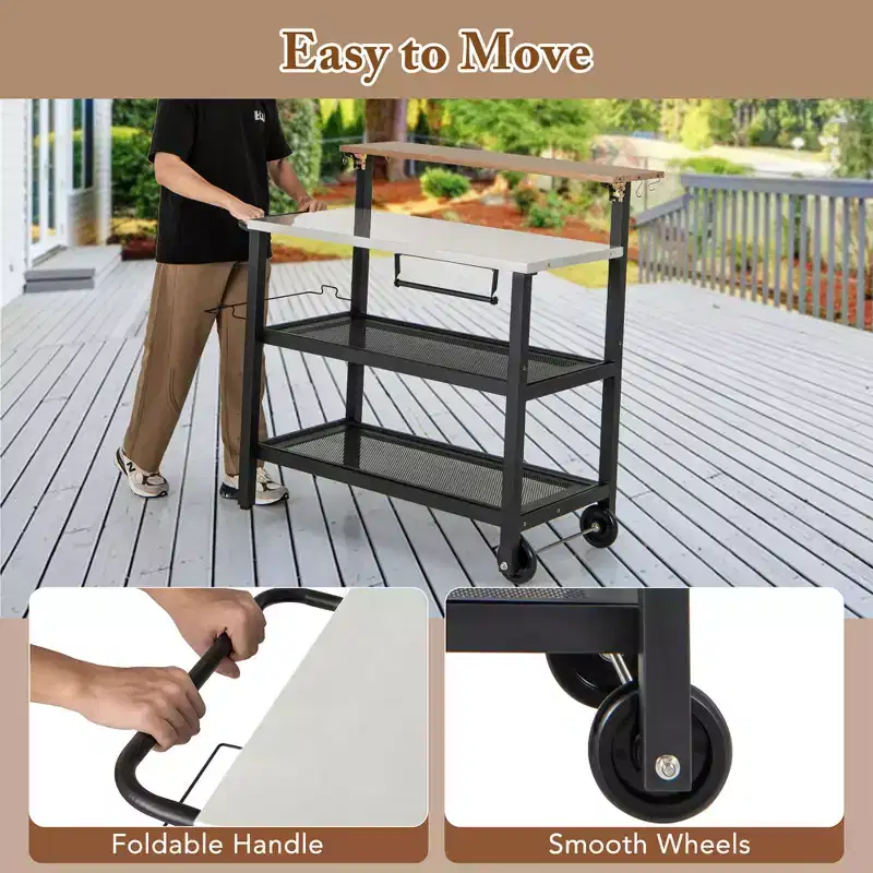 Rolling Bar Cart w/ Flip-up Table Hooks Paper Towel Holder Trash Bag Holder