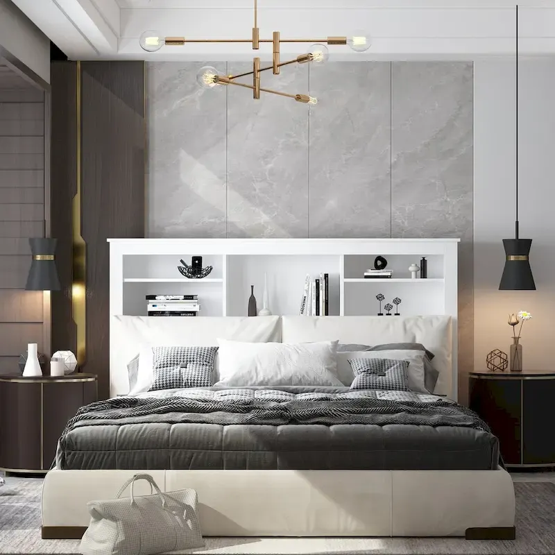 White Bookcase Headboard with RGB LED Lights and Adjustable Shelves – Queen, Single Bed