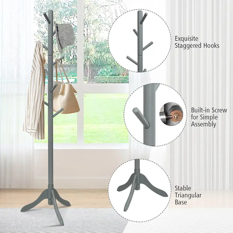 Wooden Coat Rack Stand Hall Tree 2 Adjustable Height w/ 8 Hooks