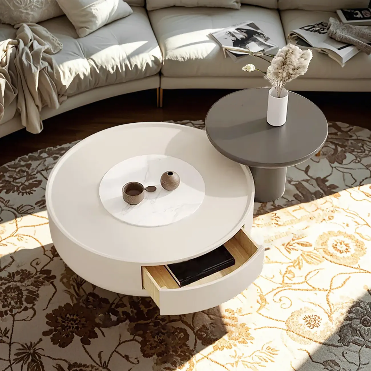 Modern White Stone Round Coffee Table with Storage