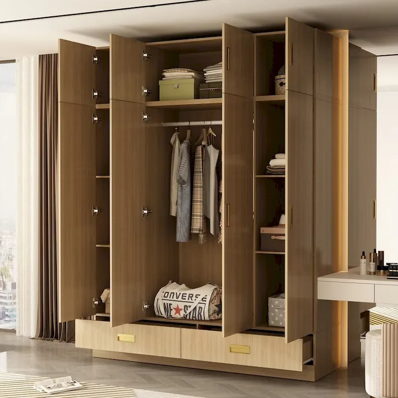 Wardrobe Closet Cabinet with Gold Handles and Optional Top Cabinet