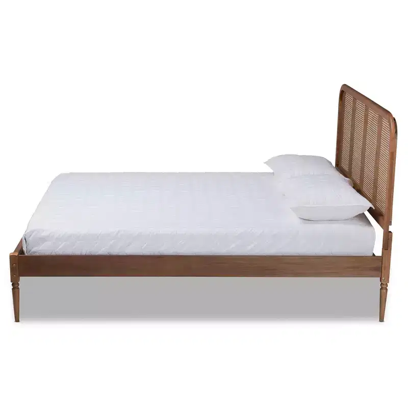King Elston Wood & Synthetic Rattan Platform Bed Brown/Ash Walnut - Mid-Century Design, Turned Legs