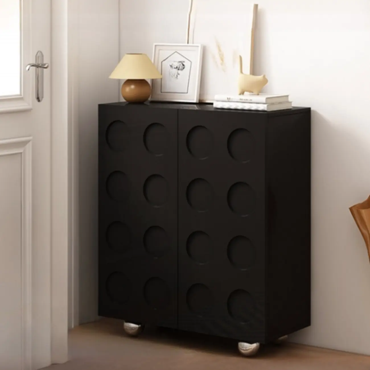 Hallway Black Engineered Wood Shoe Cabinet on Wheels