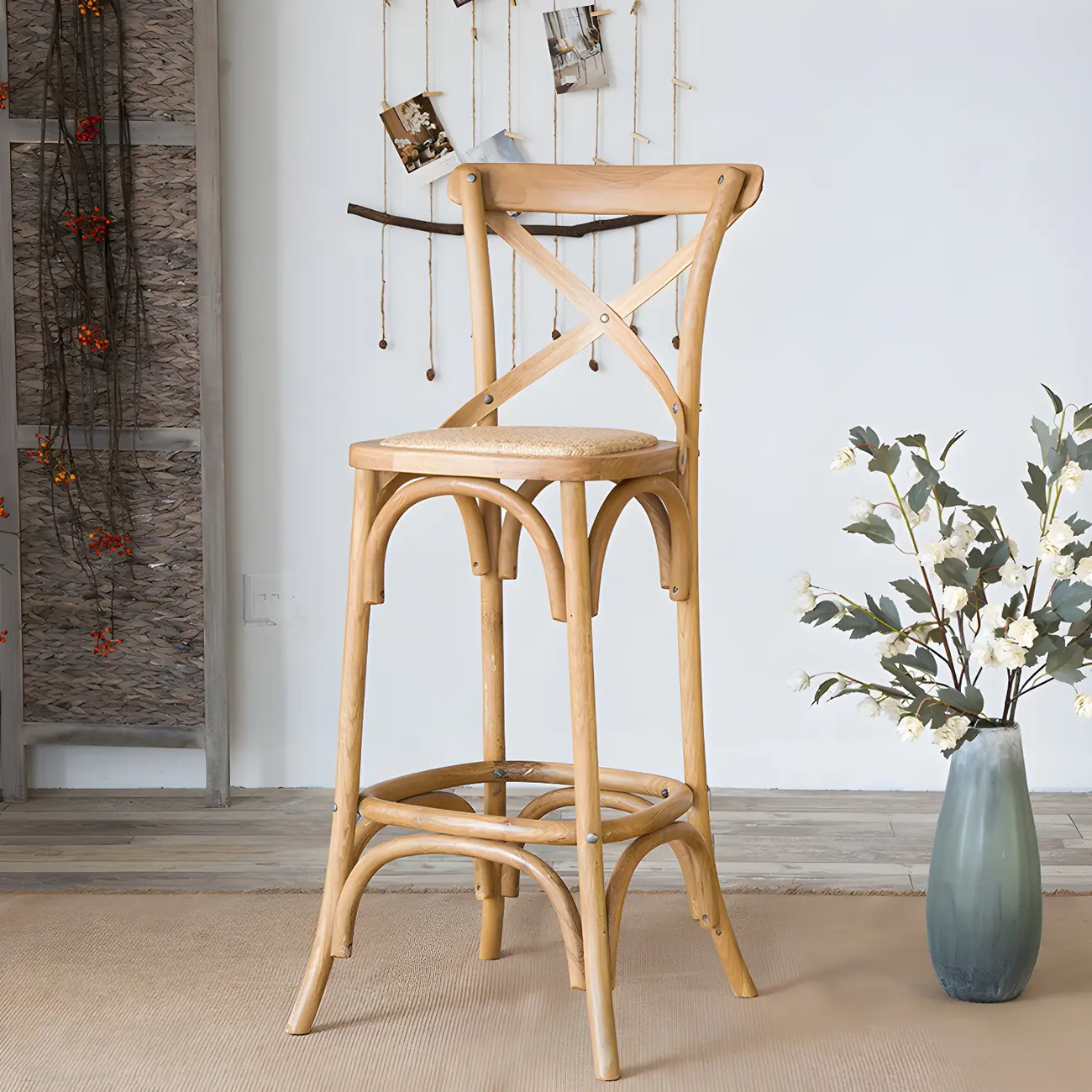 Rustic Solid Wood Wicker Cross Back Bar Stool in Brown/ Grey