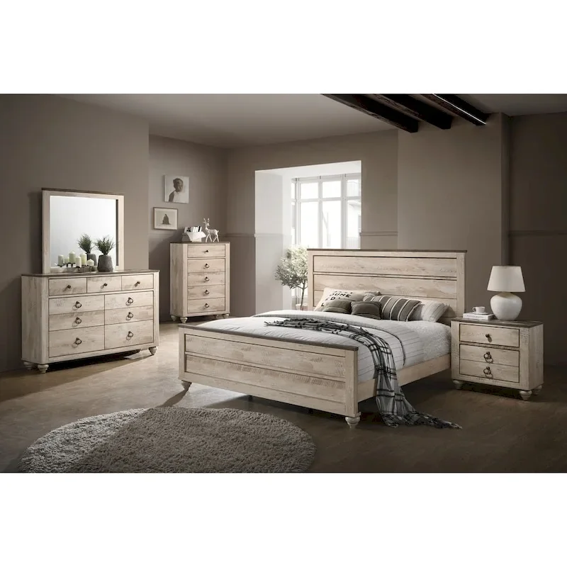 Roundhill Furniture Imerland Contemporary White Wash Finish 5-Piece Bedroom Set, Queen