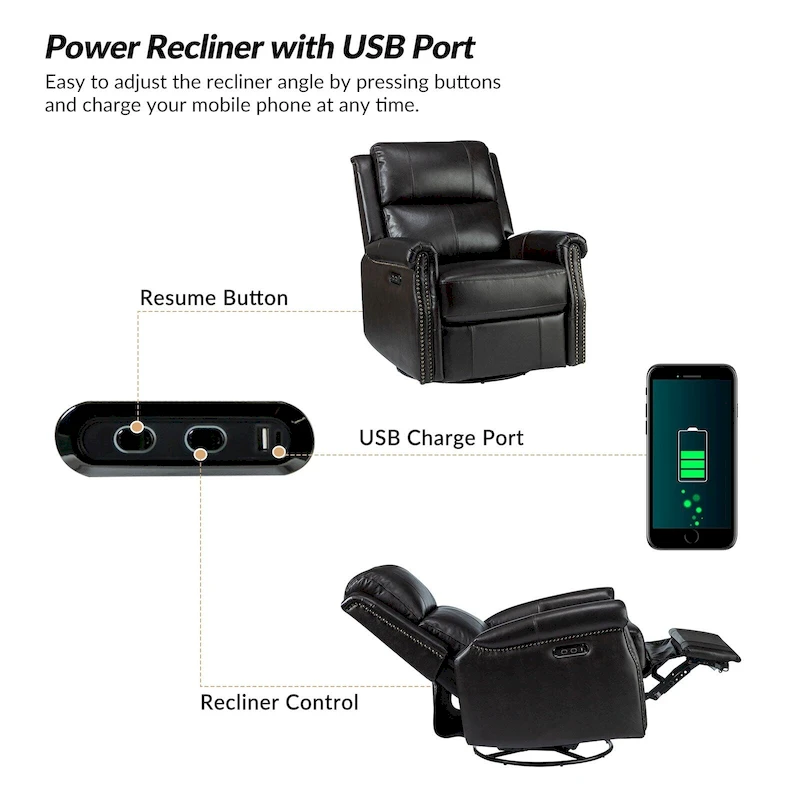 Renato Traditional Genuine Leather Nailhead Power Swivel Recliner Chair with Metal Base Set of 2 by HULALA HOME