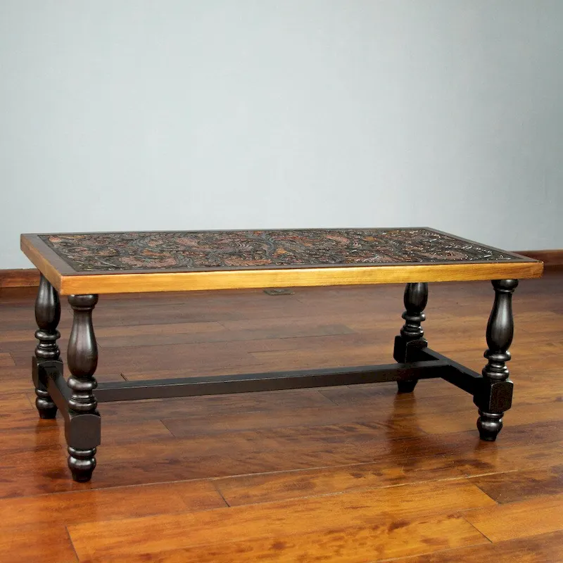 Handmade Andean Birds Hand Tooled Leather Brown Mohena Wood Coffee Table (Peru) - 18 H x 47 W x 19.75 D
