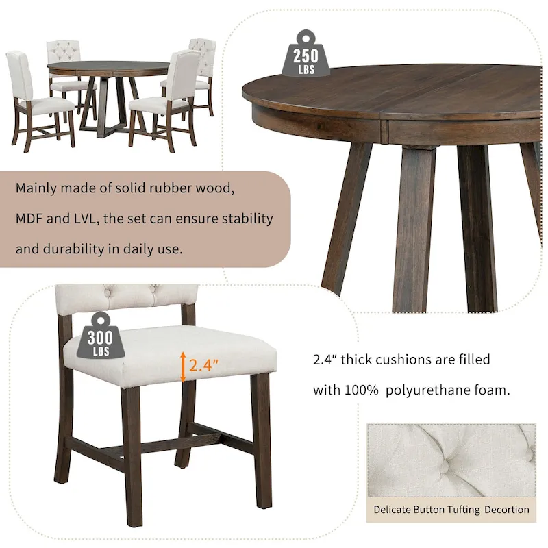 5 Piece Extendable Round Dining Table Set, Wooden Kitchen Furniture Set with Removable Leaf and 4 Upholstered Chairs