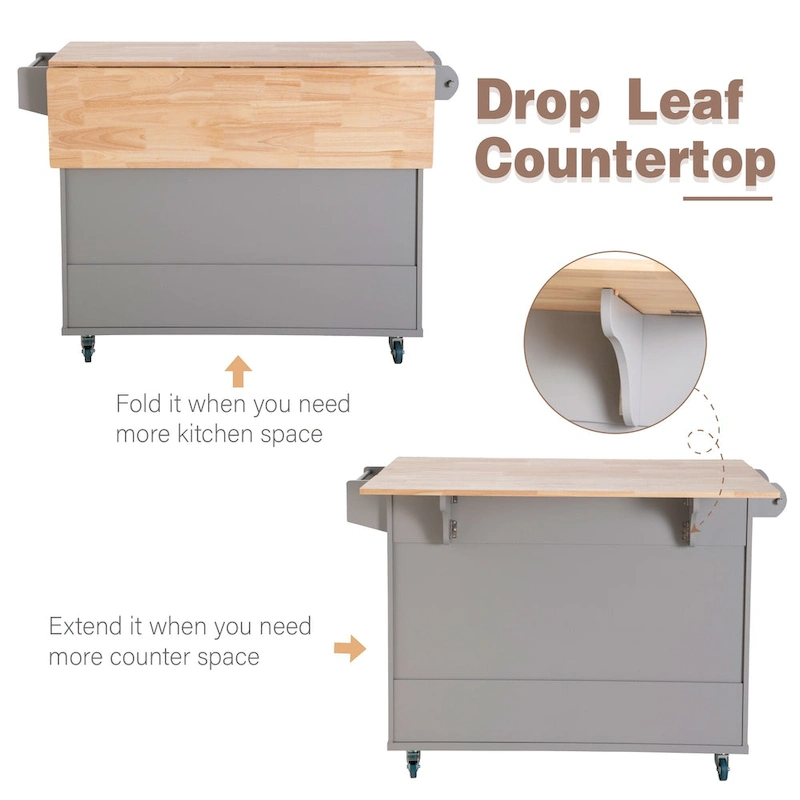 Kitchen Island Cart with Drop-Leaf and Rubber Wood Top, Rolling Kitchen Trolley Cart Cabinet
