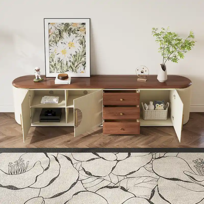 78.74 Mid-Century TV Stands, Brown Solid Wood Veneer, Media Console With 5 Cabinets,3 Drawers, Beige,Fully Assembled - 78.74