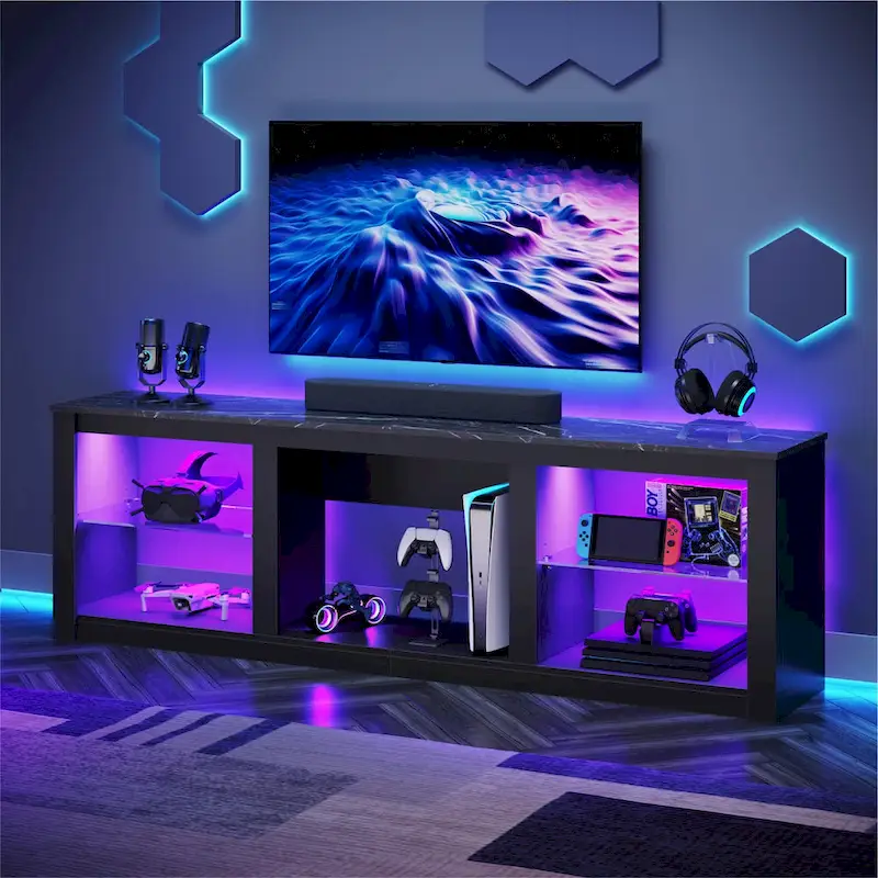 70-Inch LED TV Stand with Tempered Glass Shelves and Open Cabinet - 71 in