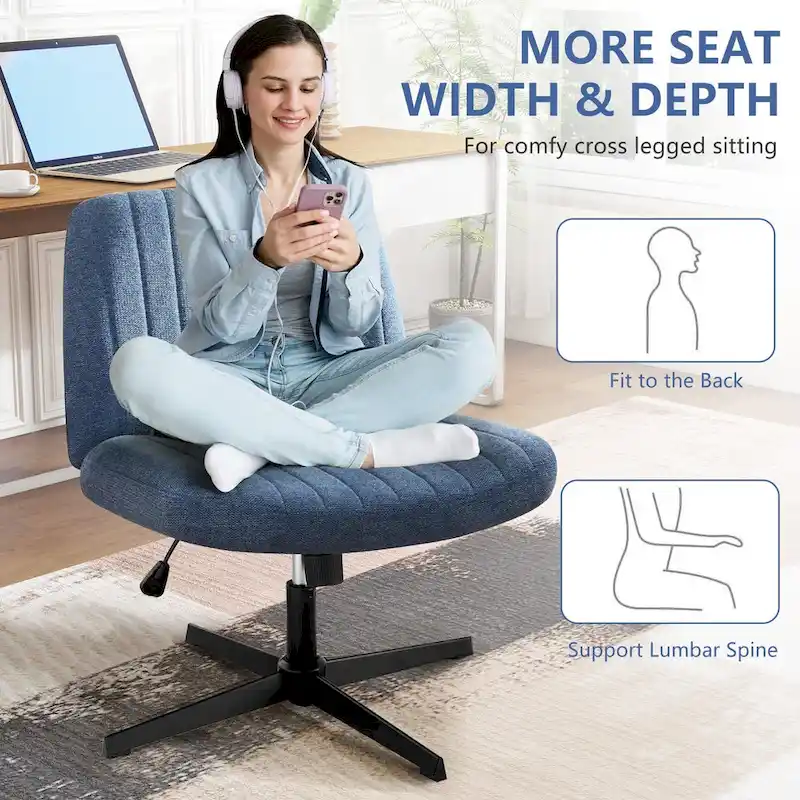 Criss Cross Legged Office, Wide Comfty Desk, Wheels Armless Computer Task, Swivel Vanity Home Chair, Height Adjustable