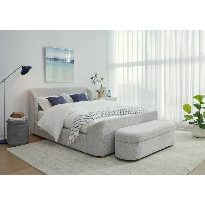 Upholstered Platform Bed, Low Profile, Boucle Fabric, Bentwood Slats, No Box Spring, Sleeps 2, Grey