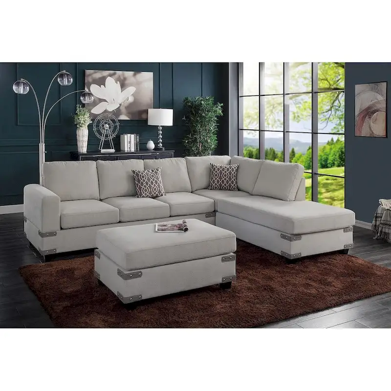 Poundex 3 Piece Fabric Sectional Sofa Set with Ottoman