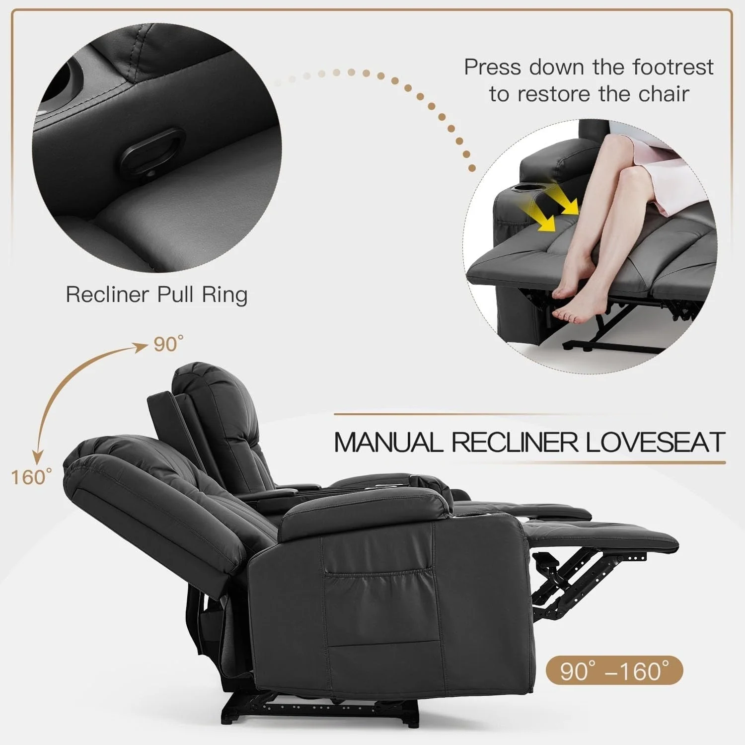 AECOJOY Recliner Sofa Manual RV Reclining Couch PU Home Theater Seating w/ Console