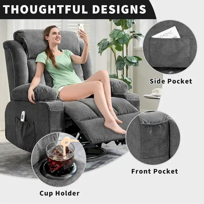 Recliner Chair, Rocking Chairs with Massage and Heat, Side Pockets and Cup Holder