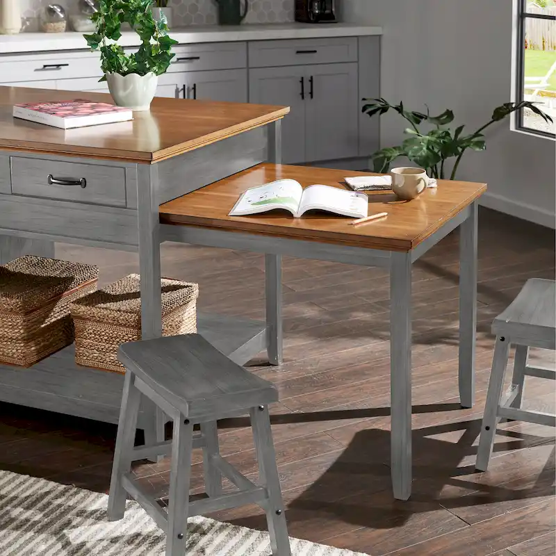 Two-Tone Antique Finish Extendable Kitchen Island with 3 Drawers