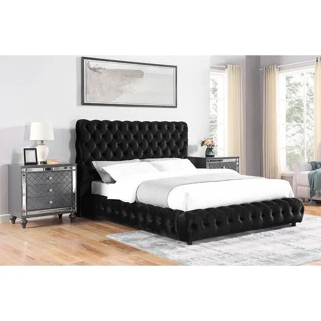 Mirilla Black Velvet Upholstered Tufted Platform Bed