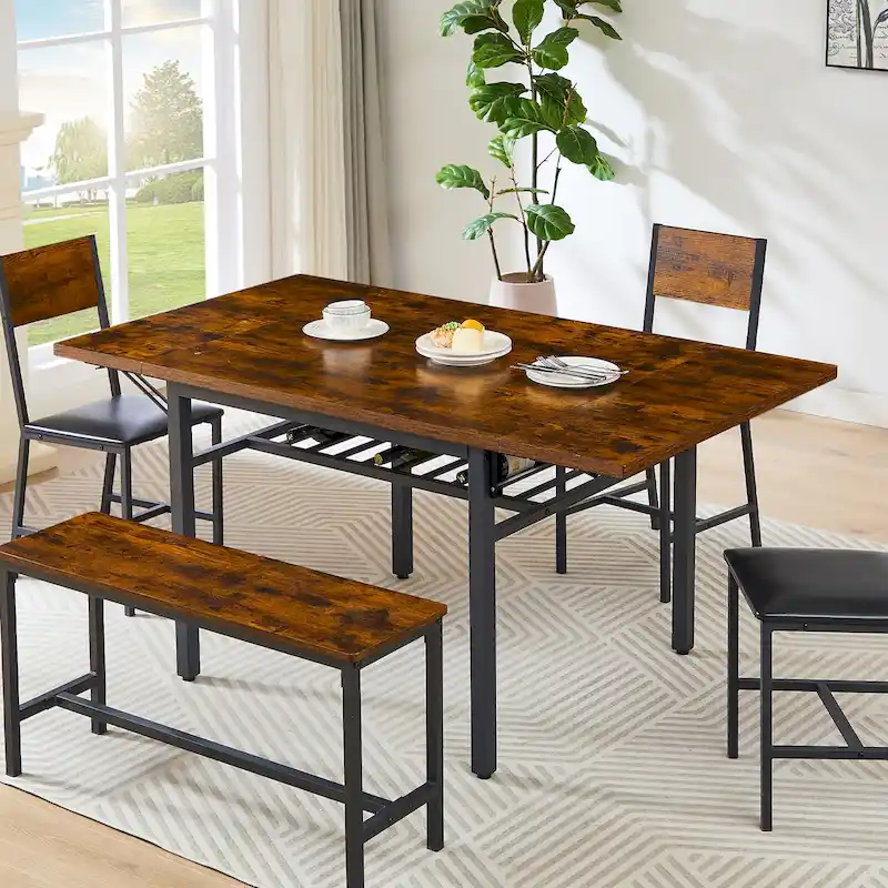 Modern Industrial 63.2  Extendable Dining Table w/Drop Leaf, Seats 6