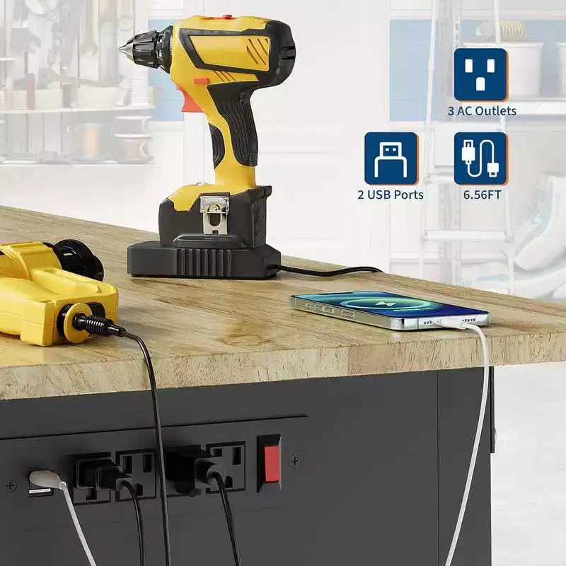 Adjustable Heavy Duty Wood Top Tool Bench Work Bench, 60'' Workbench with Power Outlet