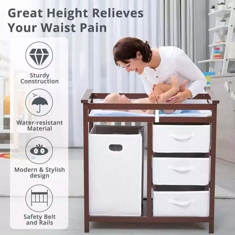 GustoWave Wooden Baby Changing Table,Modern Diaper Changing Table,Infant Diaper Station Dresser with Laundry Hamper, 3 Drawer Basket