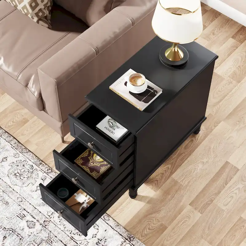 Wood End Table, Fully Assembled Narrow Side Table with 3 Drawers