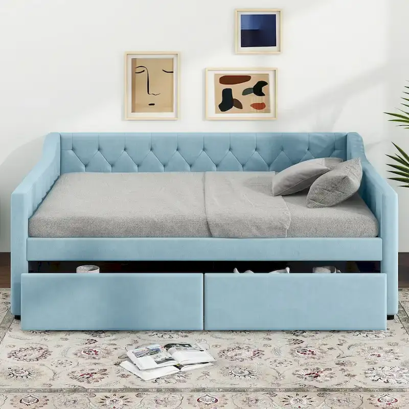 Full Size Velvet Tufted Daybed with 2 Drawers