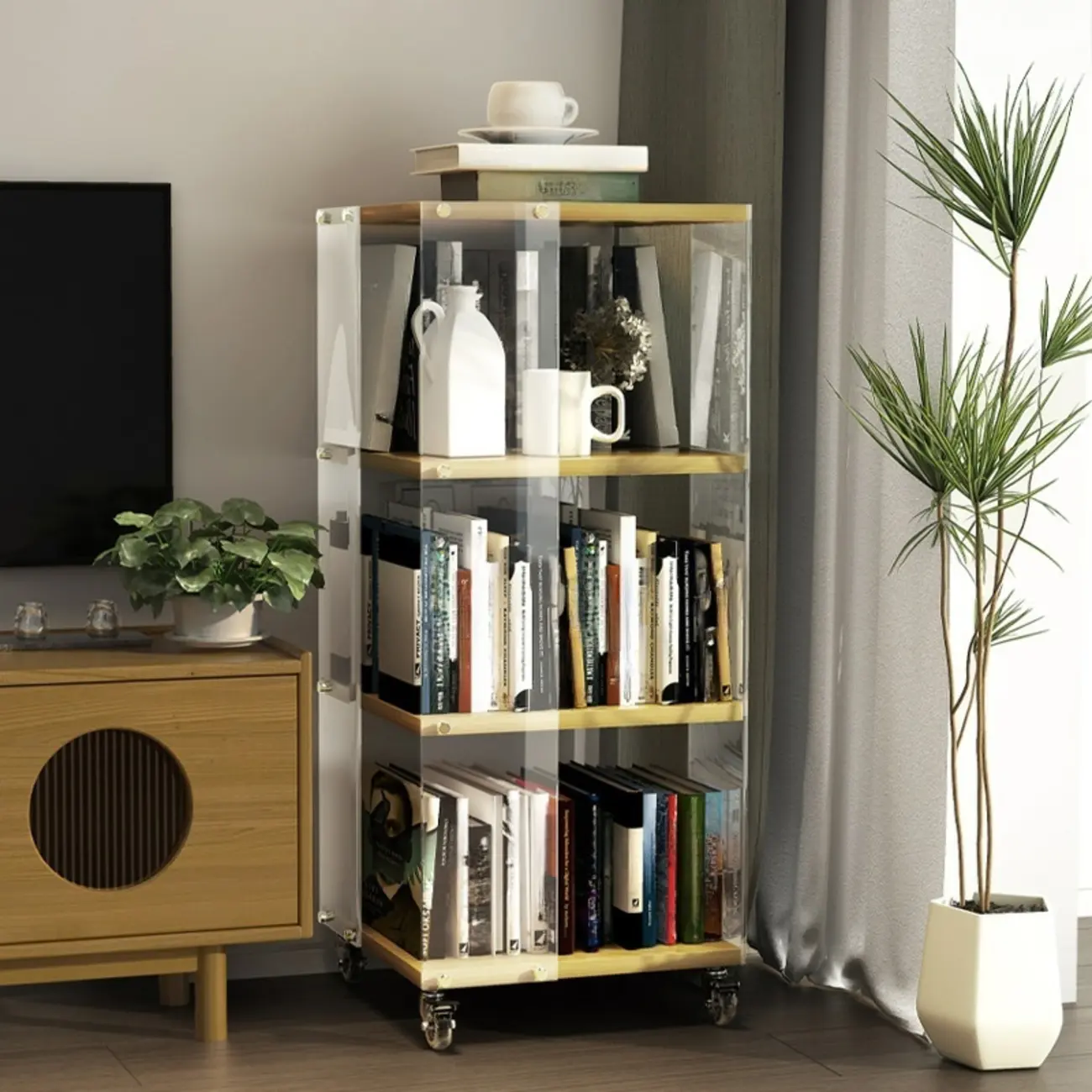 Acrylic 4-Tier Narrow Open Back Bookcase with Wheels