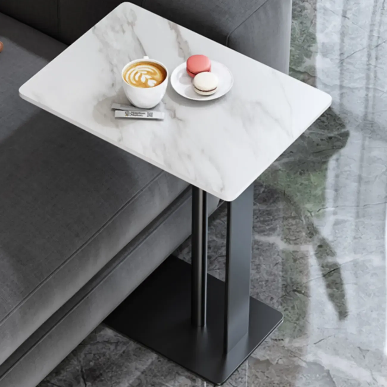 Minimalist C-Shaped White Sintered Stone Side Table for Sofa
