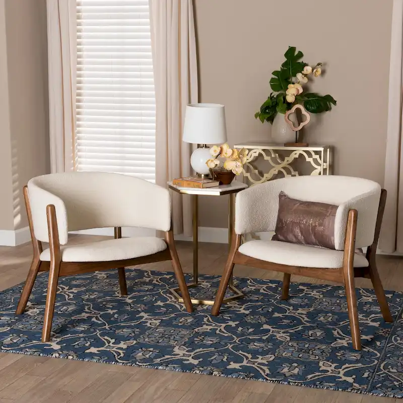 Baron Mid-Century Modern Cream Boucle Fabric Upholstered and Walnut Brown Finished Wood 2-Piece Living Room Accent Chair Set