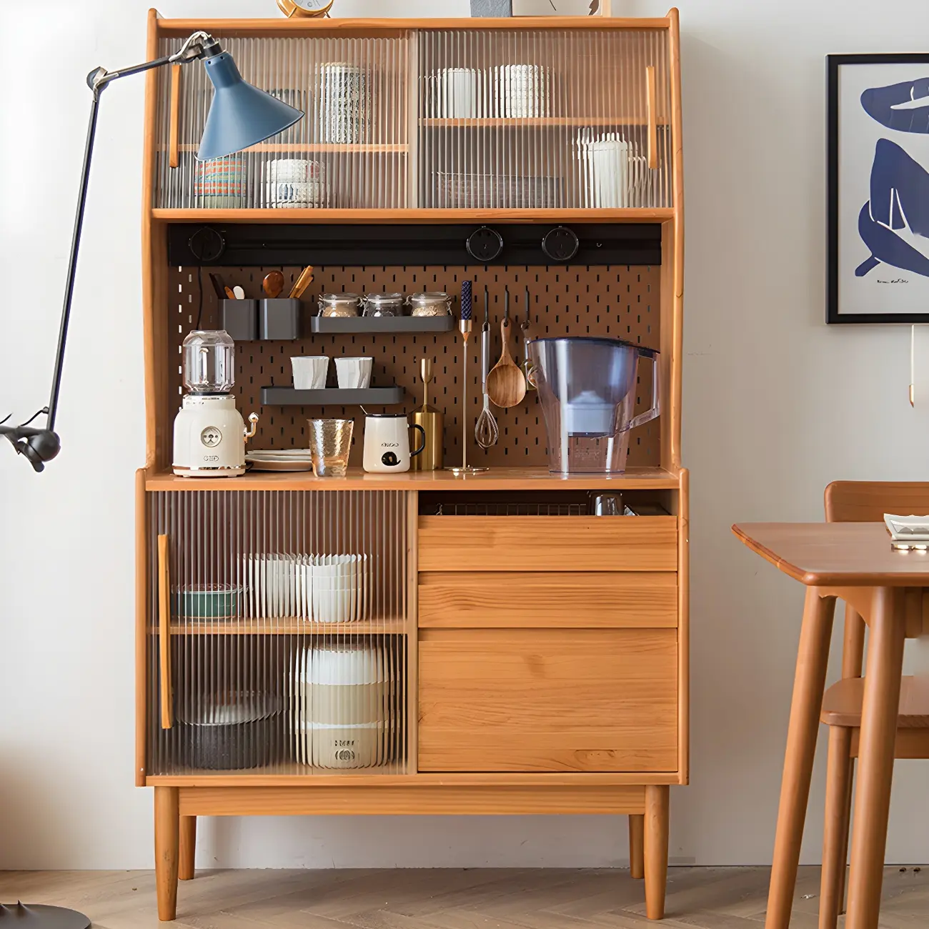 Cherry Wood Storage Glass Doors Hutch Cabinet