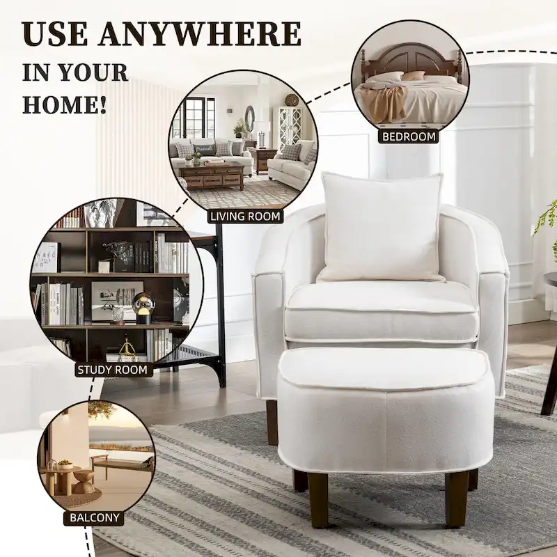 Linen/Polyester Upholstered Mid Century Barrel Chair with Ottoman