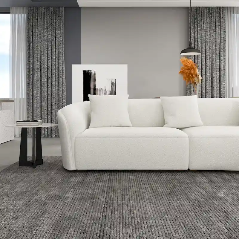 Japandi Curved Sofa with French Boucle Upholstery – Beige / Burnt Orange, Seats 2–3