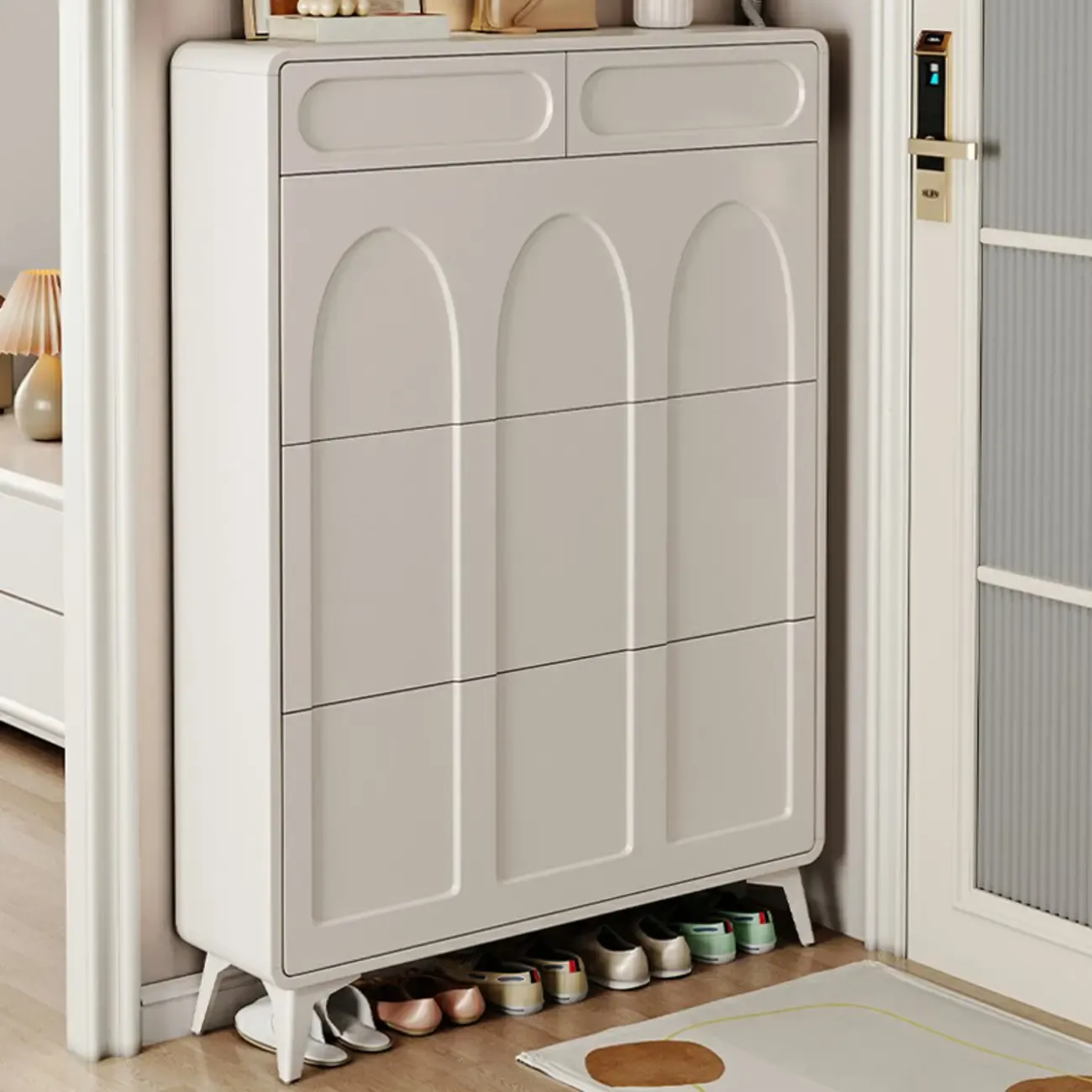 Vertical Slim White Wooden Drop Front Shoe Cabinet
