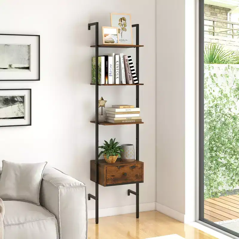Costway 5-Tier Bookshelf w/ Drawer 70 Wall Mount Ladder Bookcase w/ Metal Frame