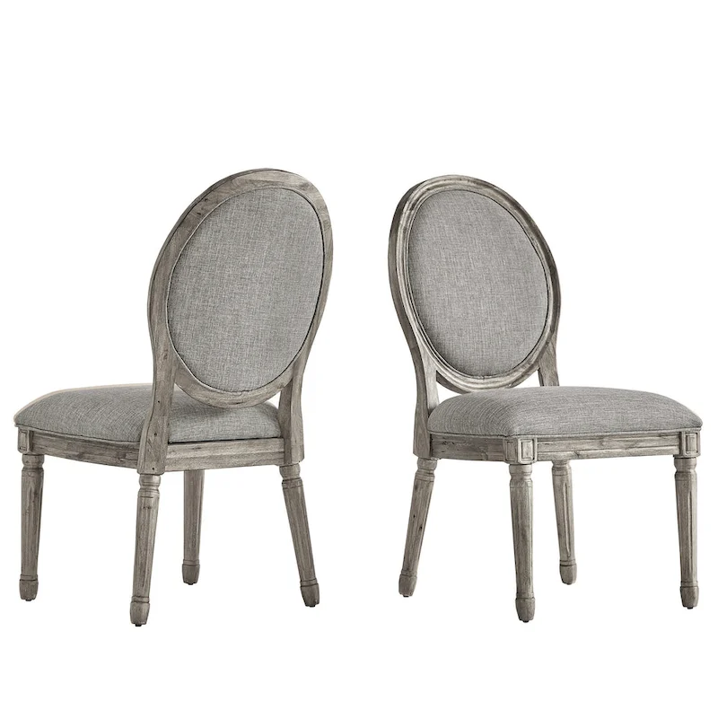 Round Linen and Wood Dining Chairs Set of 2, Artisan Style Upholstered Side Chairs