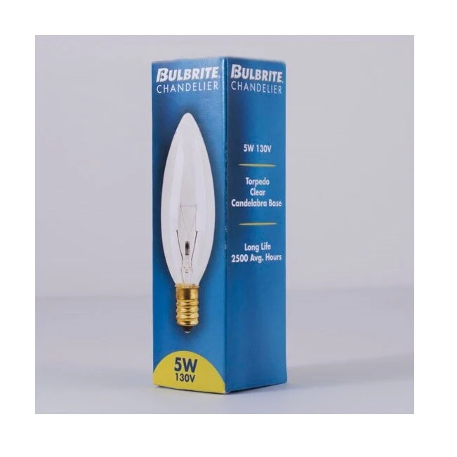 Bulbrite Pack of (50) 5 Watt Dimmable Clear B8 Incandescent Light Bulbs with Candelabra (E12) Base, 2700K Warm White Light
