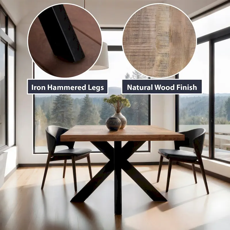 48 Square Dining Table, Solid Mango Wood with Sturdy Metal Spider Leg