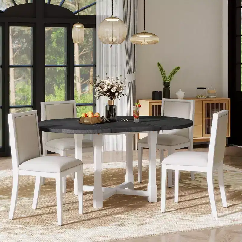 Merax Farmhouse Style Kitchen Table with Removable Leaf & Upholstered Chairs