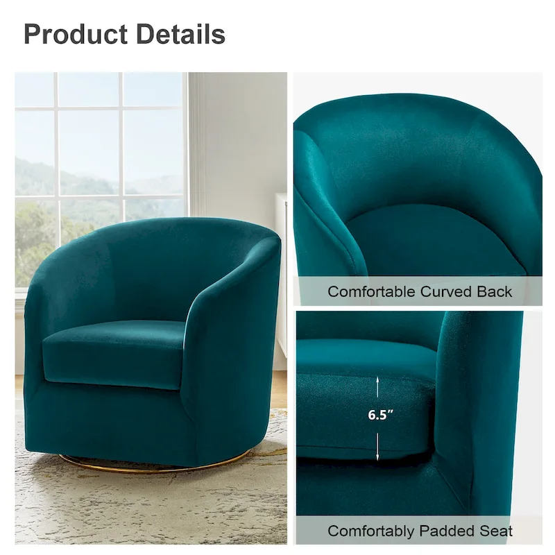 Modern Velvet Curved Swivel Accent Barrel Chair with Metal Base