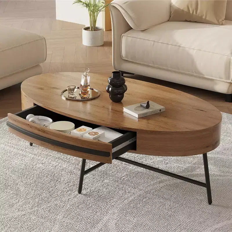 Wood Color / Yellow Oval Mid-Century Coffee Table with Drawer and Storage
